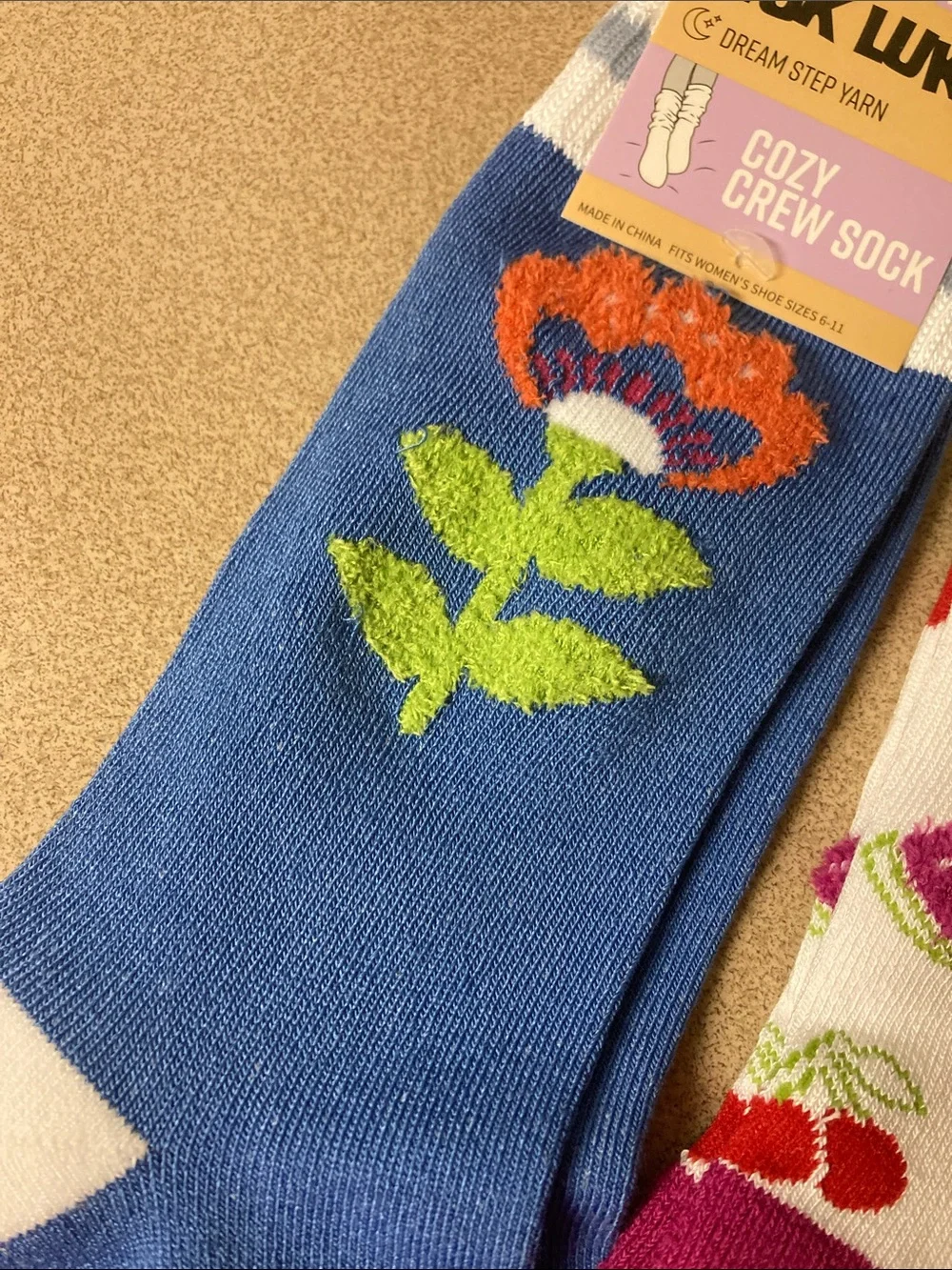 Muk Luks Two-Pack Cozy Crew Socks - Blue Floral & White Fruit